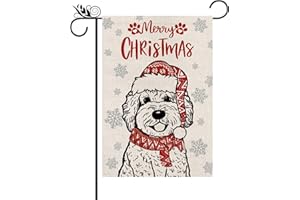 QIONG MENG Merry Christmas Garden Flag Golden Doodle Dog with Scarf Xmas Winter Holiday Decorations Vertical Double Sided For Outside Yard Lawn Decor 12.5 x 18 Inch