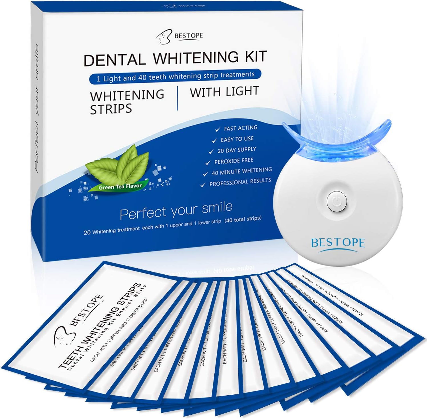 Teeth Whitening Kit,BESTOPE Teeth Whitening Strips(40Pcs) with Light