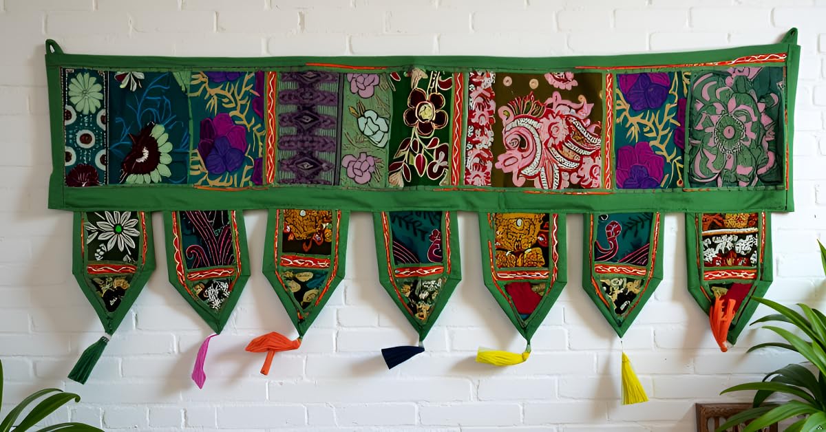 ICC valances for Windows Toran Cotton Vintage Patchwork Door Hanging Valance Window Hand Embroidered Bohemian Decor Living Room Wall Bedroom Home Handmade Decorations Dark Green 42 Inches