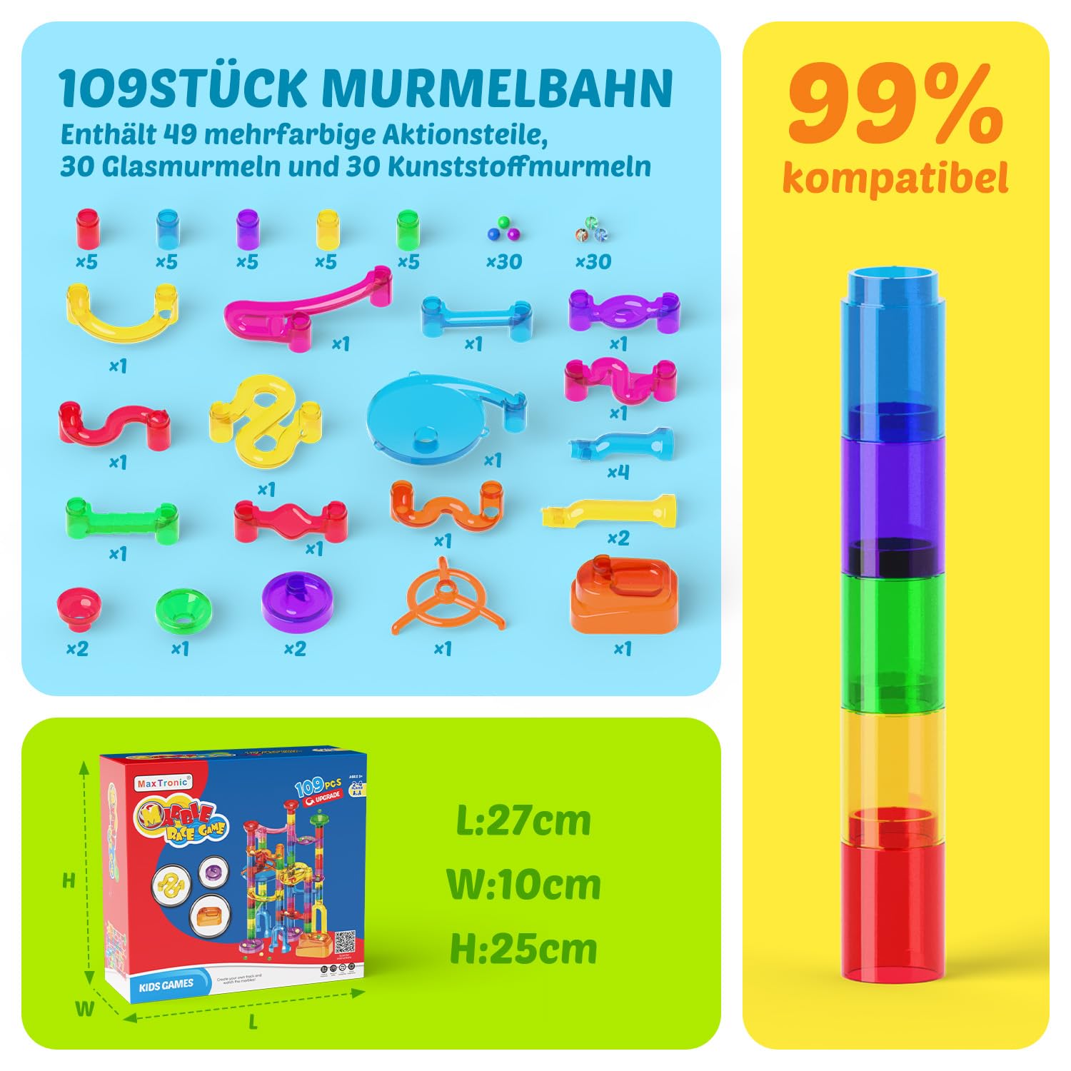 Murmelbahn Logikspiele Mehrfarbige kugelbahn 109 Stück transparent Bahnelementen und murmeln STEM Marble Rush Doppelspiel Spielzeug Geschenk für Kinder Jungen Mädchen ab 3-12 Jahre 2