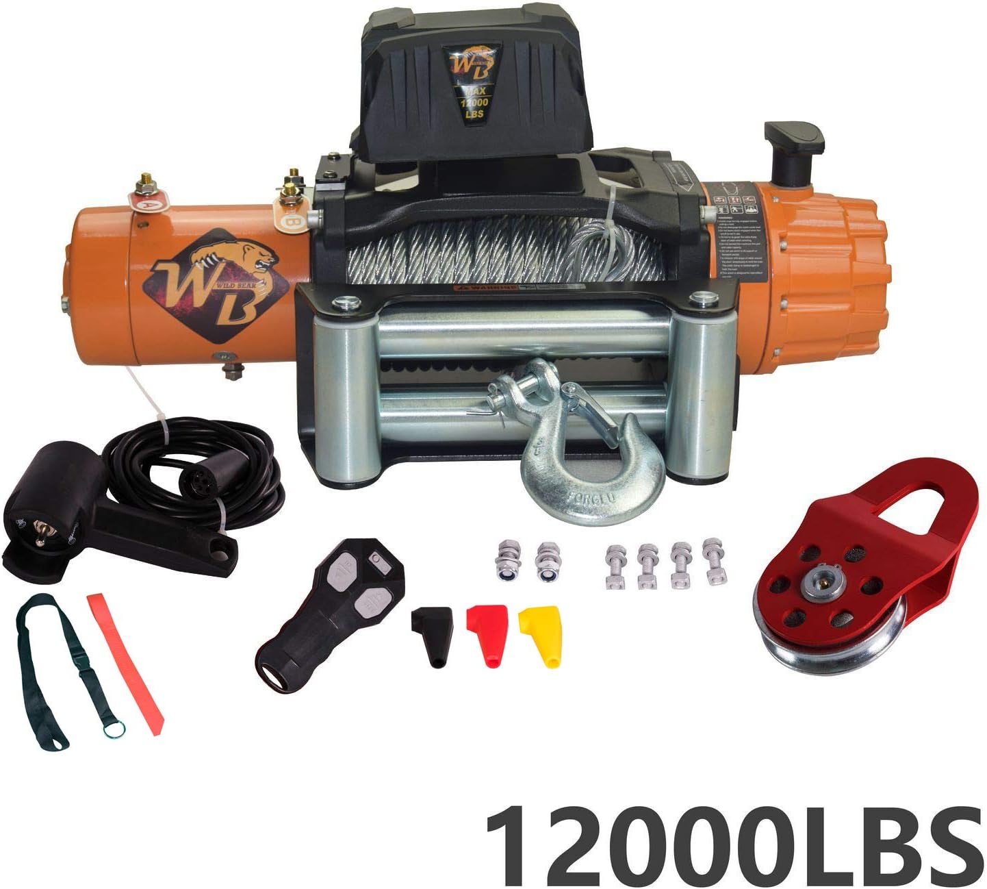 Riseking Universal Steel Rope 100LB 12V 158/1 Gear Ratio Waterproof Electric Recovery Winch Wireless Remote Control 4-Way Roller Fairlead for Pickup Truck 4WD JEEP SUV Van Train Boat Trailer R100A