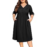 AMCLOS Womens Plus Size Dress V-Neck Elegant Cable Crossover Flowy 2 Pockets Roll up Long Sleeve Casual Party Maxi Dresses