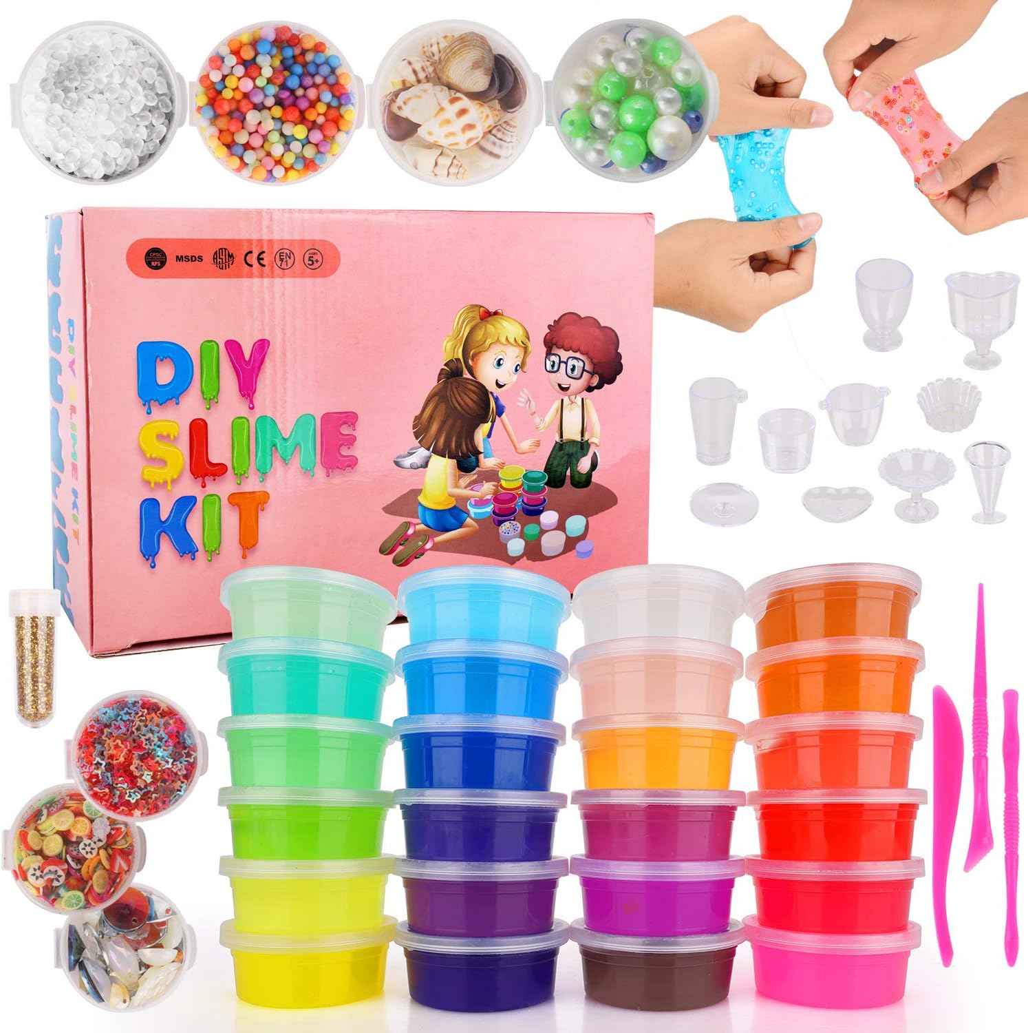 HB HOMEBOAT DIY Crystal Slime Kit, Slime Kits for Girls Boys Toys Clear Slime Supplies for Kids Art Craft, Fruit Slice and Tools,Squeeze Stress Relief Toy (24 Colors)