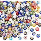 PH PandaHall 325Pcs/5 Strands Millefiori Lampwork Glass Beads 6mm Flat Round Flower Glass Beads Handmade Flower Millefiori Lampwork Bead Loose Spacer Bead for Jewelry Making DIY Crafts
