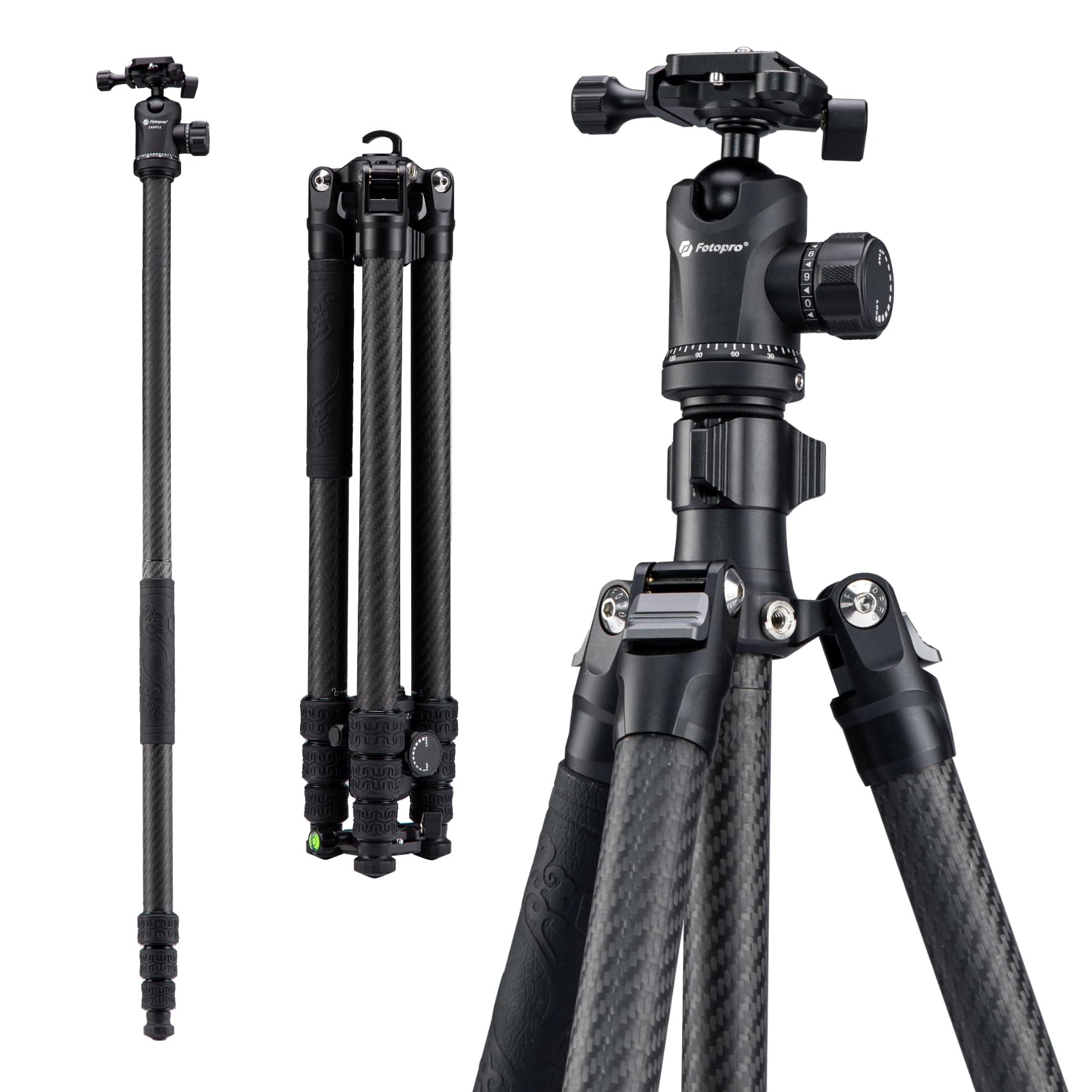 Fotopro 64'' Carbon Fiber Tripod, Compact Travel Tripod for DSLR Camera, with Ballhead Quick Release Plate Carry Bag, with Detachable Monopod, Max Load 10kg. Sherpa Series (black, 64 inch)