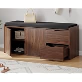 LVB 40&rdquo; Entryway Bench with Padded Seat Cushion Shoe Bench with 2 Drawers | Wood Hidden Shoe Bench with 2 Drawers Cabinet, Industrial storage Bench for Foyer entrance Living Bedroom, Walnut Oak