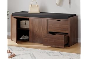 LVB Storage Bench, 40” Entryway Bench with Padded Seat Cushion, Wood Hidden Shoe Organizer Bench with 2 Drawers Cabinet, Indu