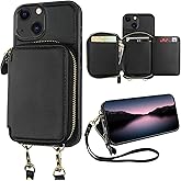 Bocasal RFID Blocking Wallet Case for iPhone 14 iPhone 13, Adjustable Crossbody Zipper Purse Case Card Holder with Kickstand Detachable Wrist Strap, PU Leather Flip Folio Case 6.1 Inch 5G (Black)