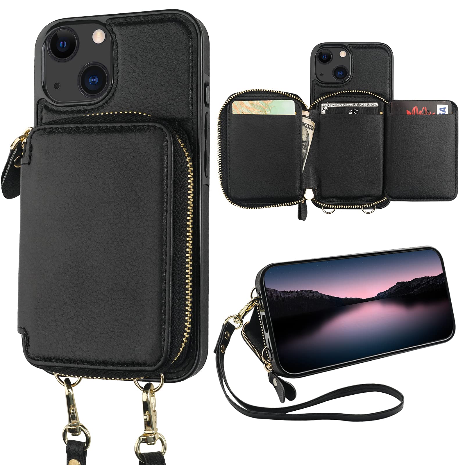 Photo 1 of Bocasal RFID Blocking Wallet Case for iPhone 14 iPhone 13, Adjustable Crossbody Zipper Purse Case Card Holder with Kickstand Detachable Wrist Strap, PU Leather Flip Folio Case 6.1 Inch 5G (Black)
