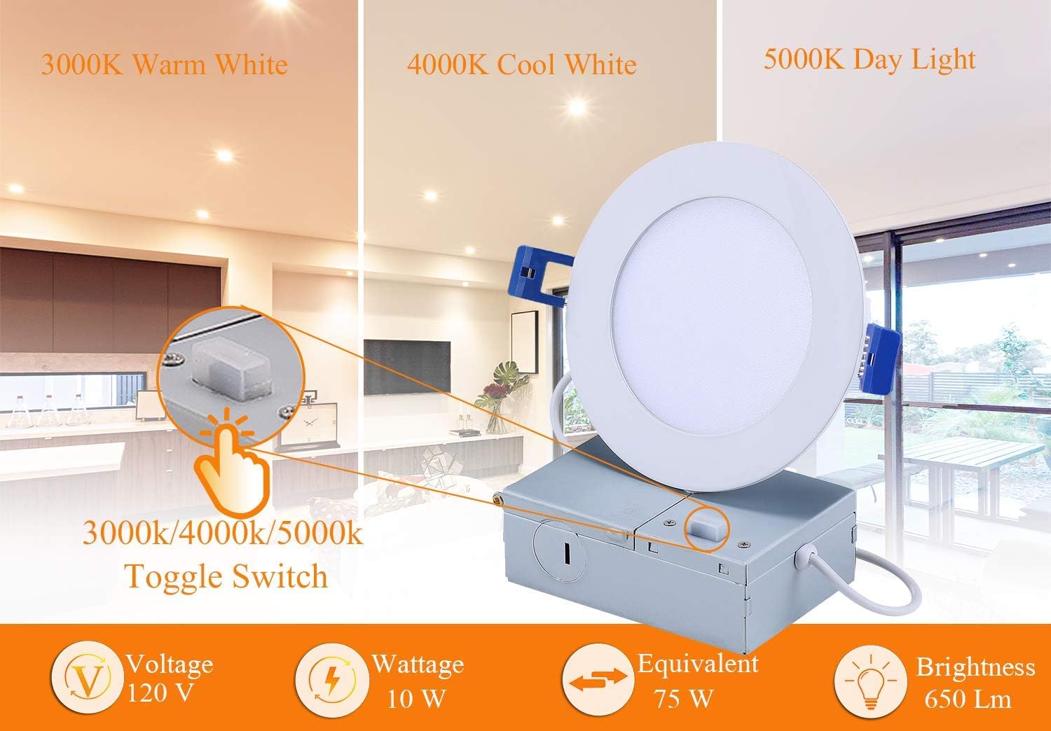 Cloudy Bay 4 inch 3000K/4000K/5000K Three Color Temperature Selectable, Dimmable 10W CRI 90+, IC Rated, Ultra Thin Recessed Downlight with Junction Box, White Finish, 6PK - - 