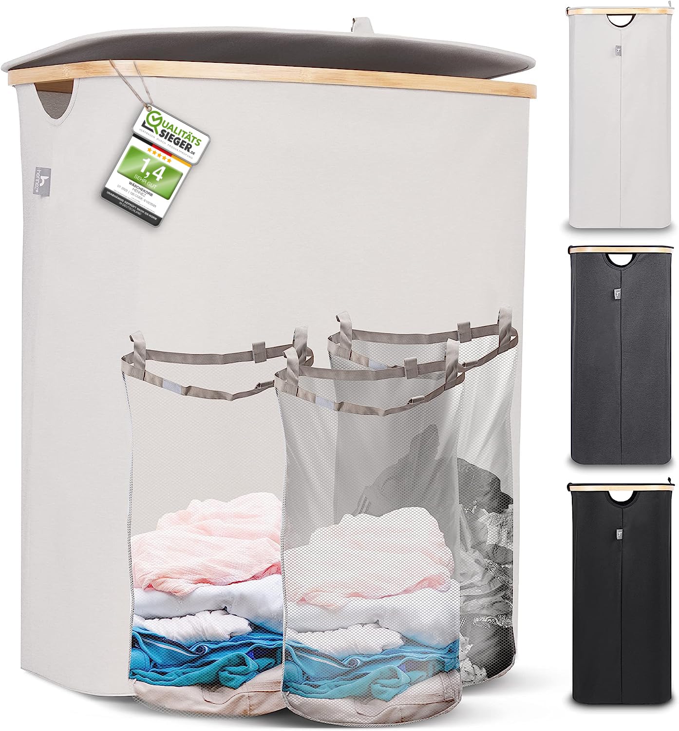 HENNEZ 150L Extra Large Laundry Basket 3 Compartments - Family Laundry Hamper Basket with Removable Bags - 3 Section Laundry Basket with Lid - Dirty Laundry Sorter for Laundry Bin