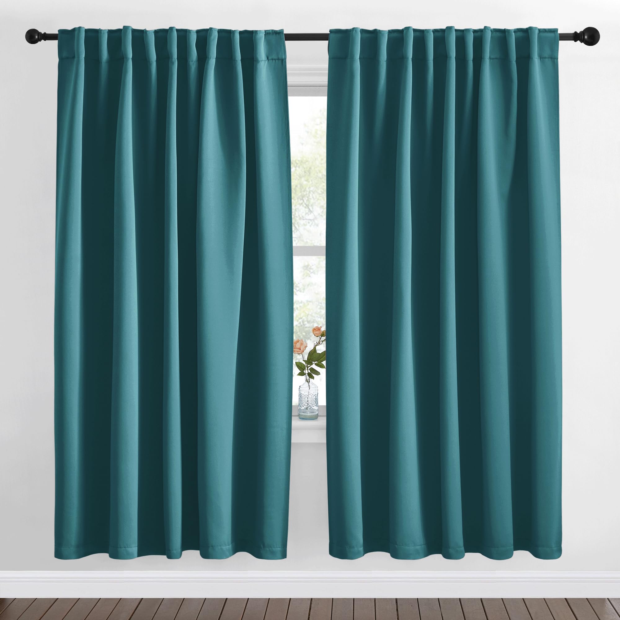 NICETOWN Blackout Curtain Panels Window Draperies - (Sea Teal Color) 62x72 inch, 2 Pieces, Insulating Room Darkening Blackout Drapes for Bedroom, Privacy Doorway Curtain for Door Image