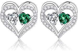 Iefil 925 Sterling Silver Birthstone Earrings, Heart Birthstone Stud Earrings for Women Anniversary Valentines Gifts for Her Christmas Birthday Gifts for Women Wife Girlfriend Mom