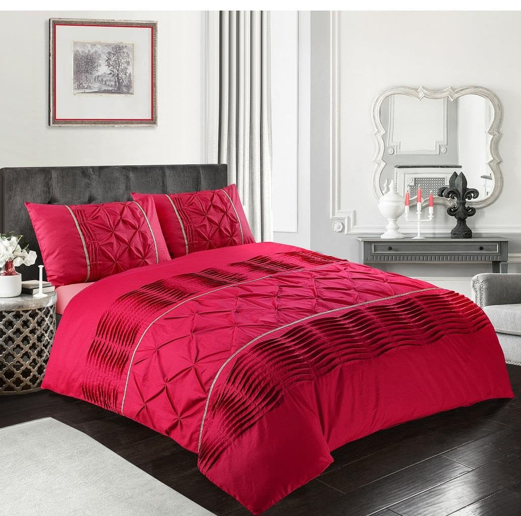 Homespace Direct Eleanor Lux Pin Tuck Duvet Cover Set Red Double Gold Laced