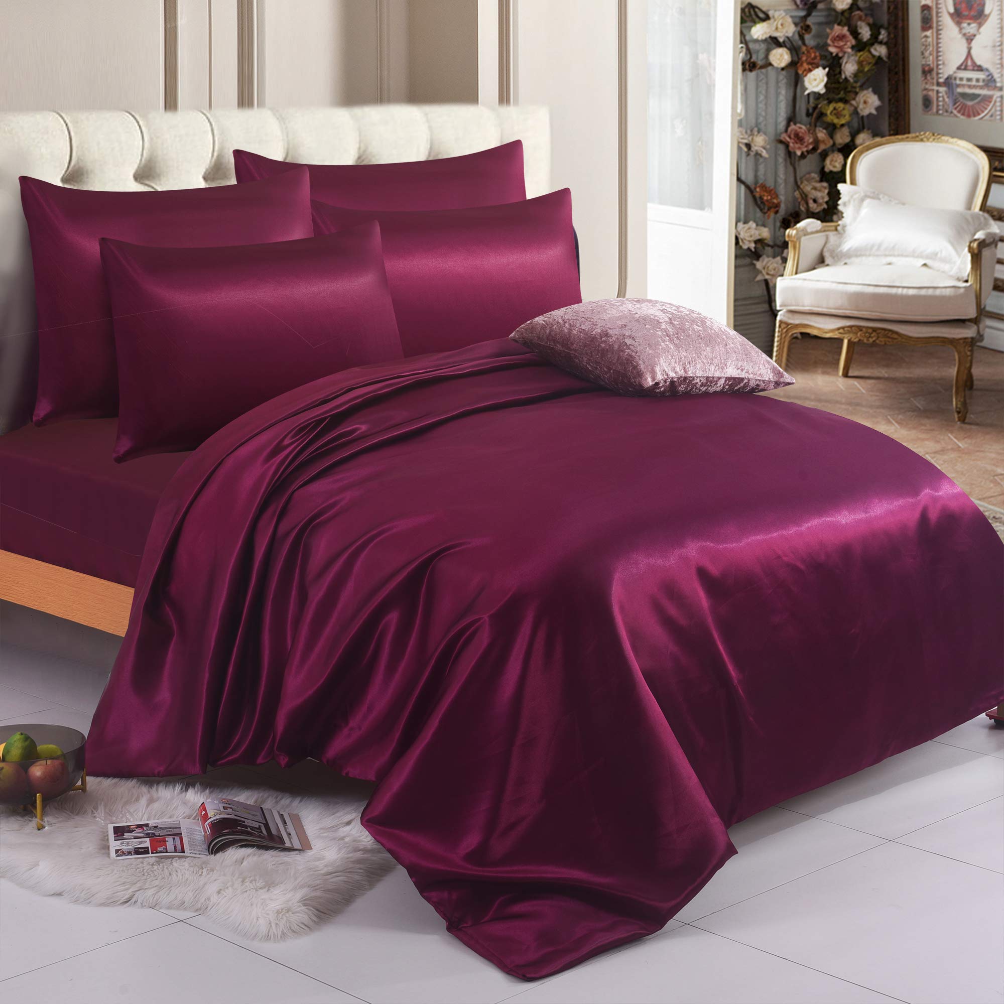 ZIMEL HOMES 4-Piece Satin Bedding Set – Soft, Silky & Shiny Bed Sheets – Includes Duvet Cover, Fitted Sheet & 2 Pillowcases (Burgundy, Single)