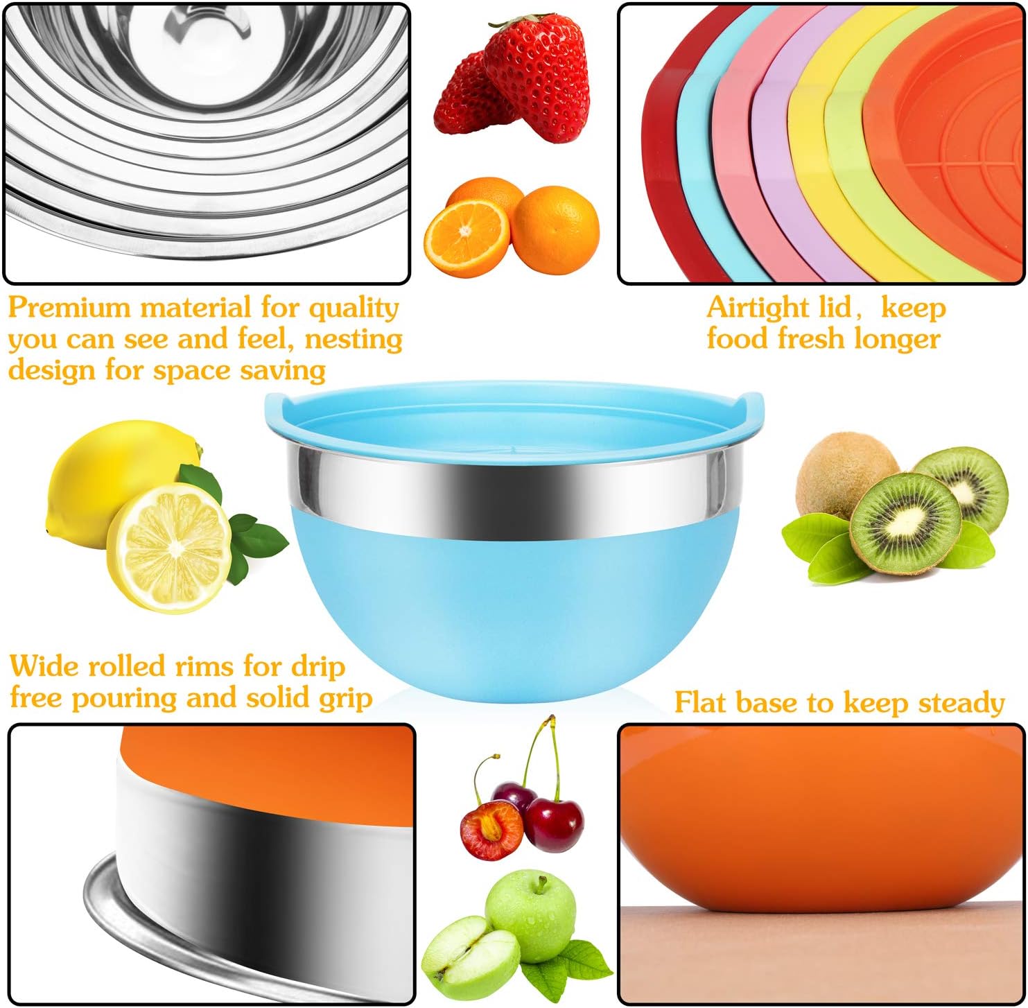 Mixing Bowls - Babyltrl Mixing Bowls Set, 18pcs Kitchen Tools Stainless Steel Nesting Mixing Bowls with Lids, Size 7, 6, 5, 4, 3, 2, 1.5 QT, 7 Colors Kitchen Bowls for Mixing, Serving & Prepping: Kitchen & Dining