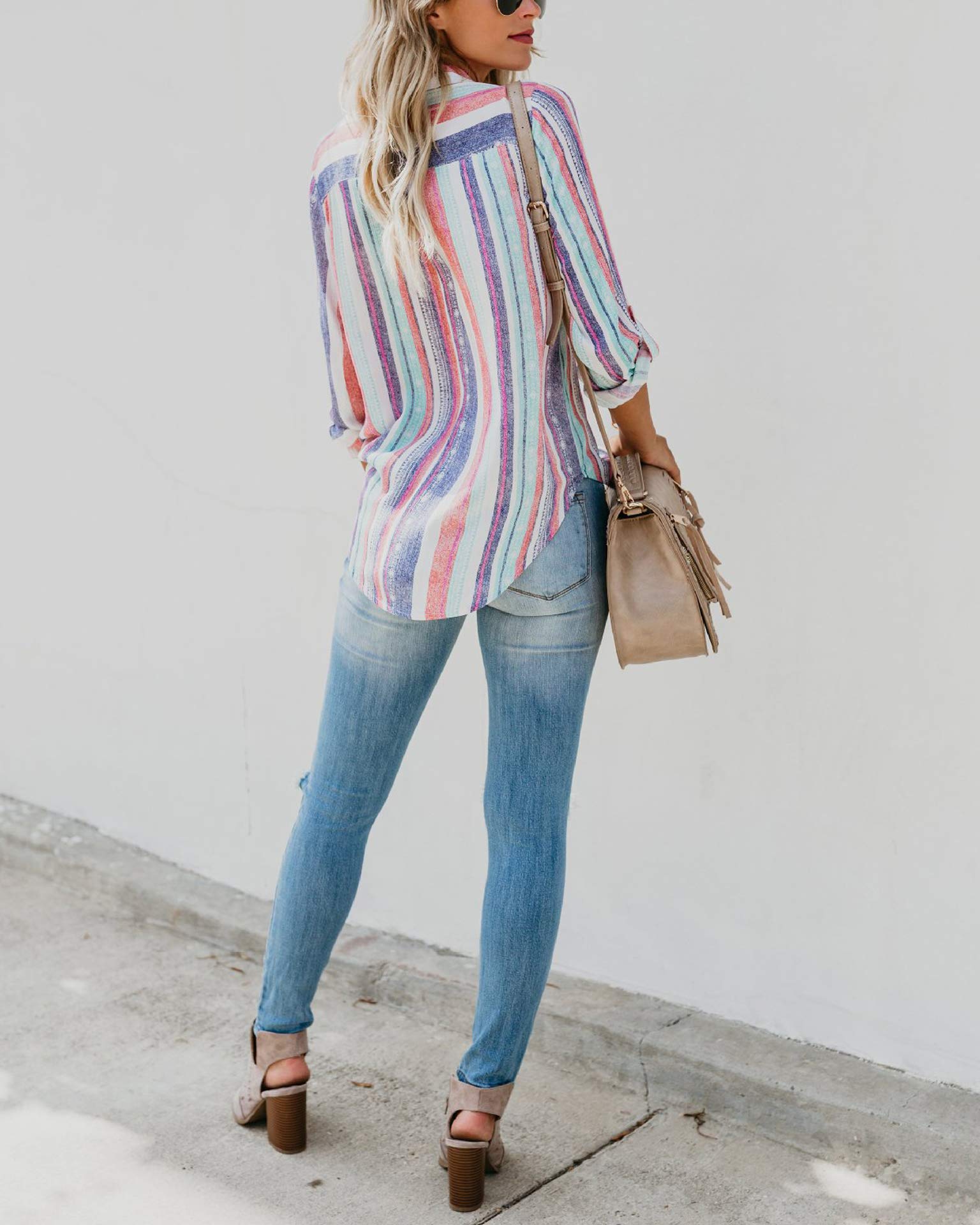 FELACIA Women\'s Button Down Blouses Loose Fit Tops V Neck Stripes Long Sleeve Casual Curved Tunic Tops