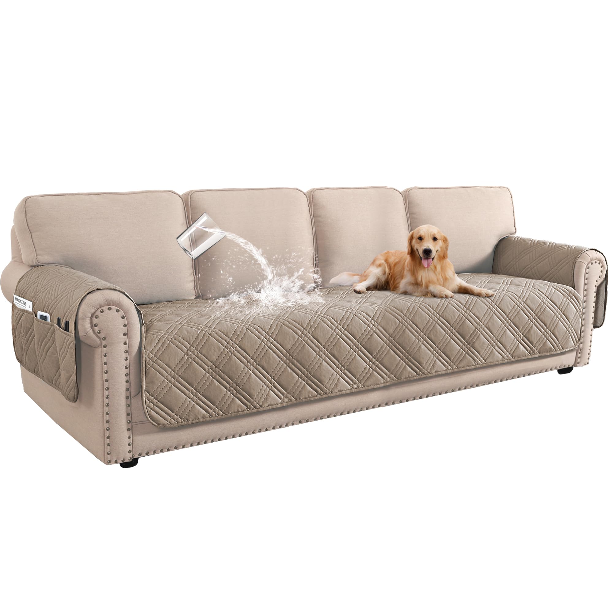 BellaHills 4 Seater Sofa Cover 100% Waterproof Living Room Washable Sofa Cover with Side Pocket Pet Couch Cover (4Seater, Taupe)