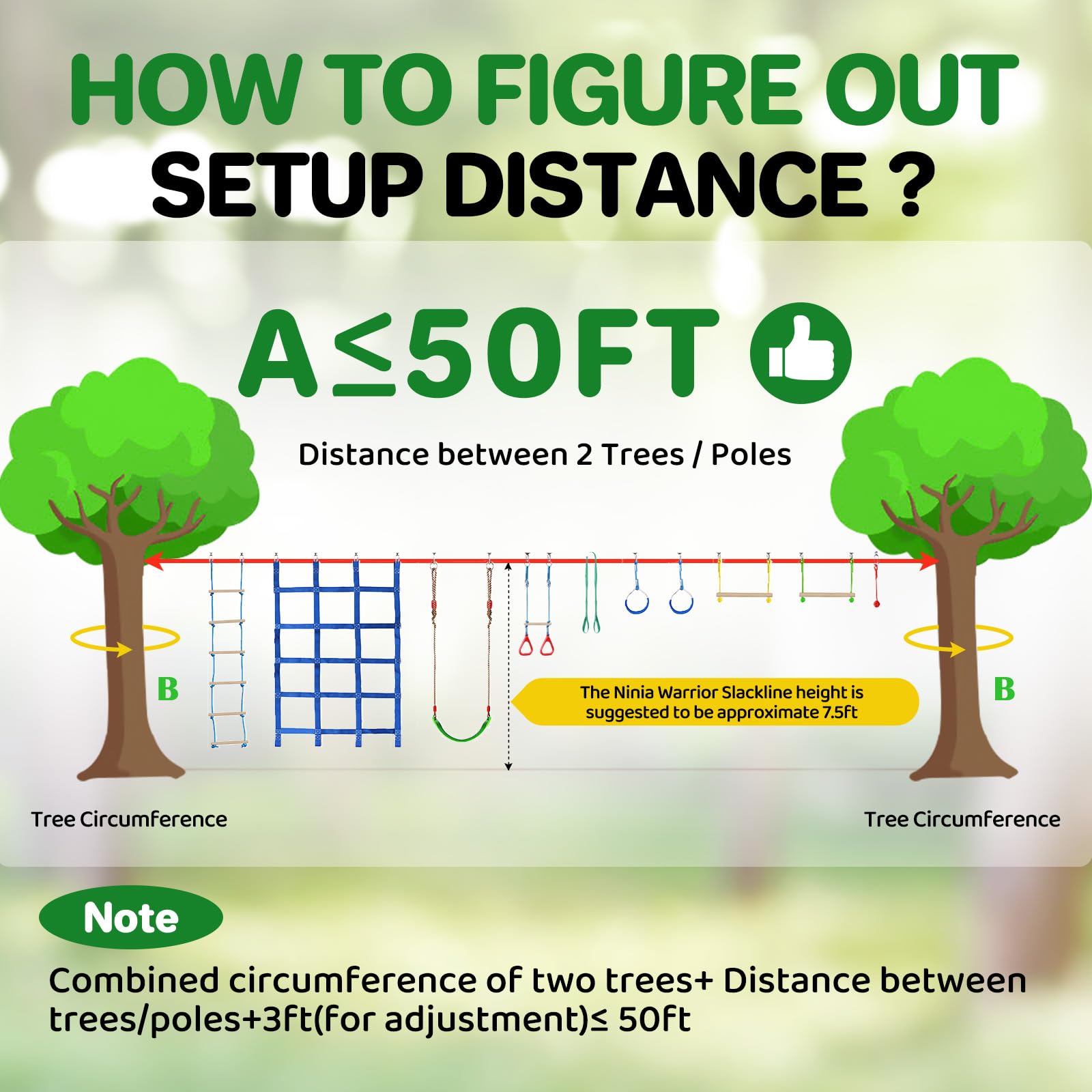 Ninja Warrior Obstacle Course for Kids Backyard - 2×50ft Slackline Kit with 10 Most Complete Accessories for Boys & Girls, Swing, Rope Ladder, Gymnastic Ring, Climbing Net, Arm Trainer and Monkey Fist