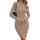 CFLONGE Fall Dresses for Women 2025 Ribbed Knit Bodycon Dress Mock Neck Bell Long Sleeve Pullover Sweater Winter Mini Dresses
