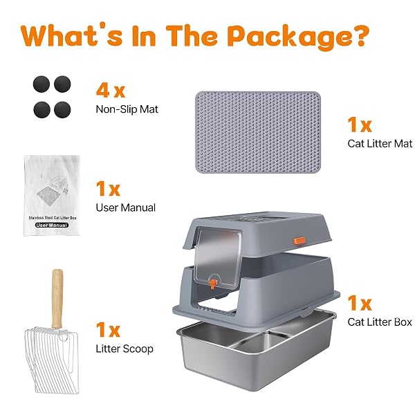 STAINLESS STEEL LITTER BOX WITH LID, 6” DEEP PAN, EXTRA LARGE LITTER BOX FOR BIG CATS, ANTI-LEAKAGE, ODOR FREE, FRONT & TOP DUAL ENTRY, INCLUDES LITTER MAT & METAL SCOOP