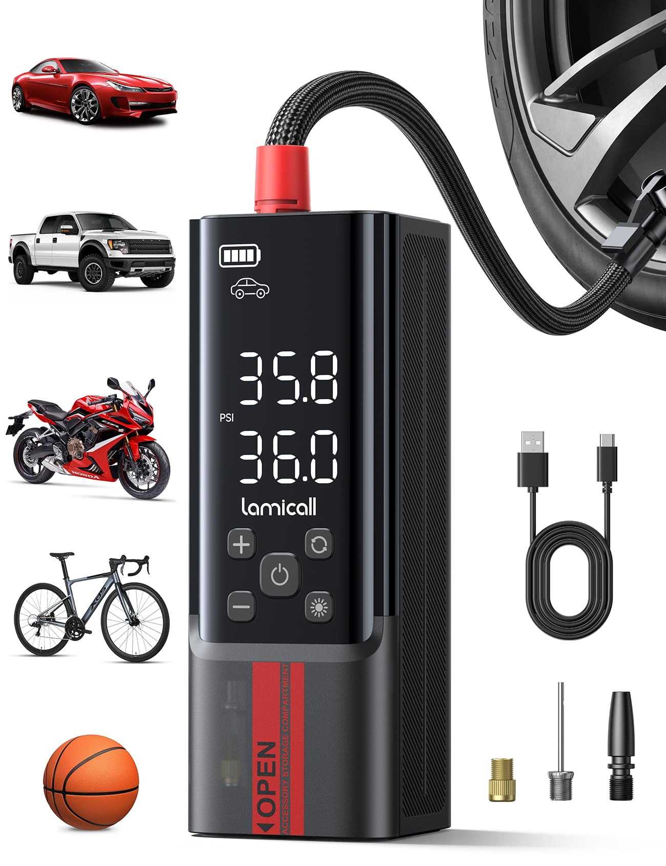 Photo 1 of Tire Inflator Portable Air Compressor - Lamicall [150 PSI] [4X Faster] [Auto-Stop] Bike Car Cordless Air Pump with Rechargeable Battery, Car Pressure Gauge, LED Light, for Cars, Motorcycle, Bike, Ball