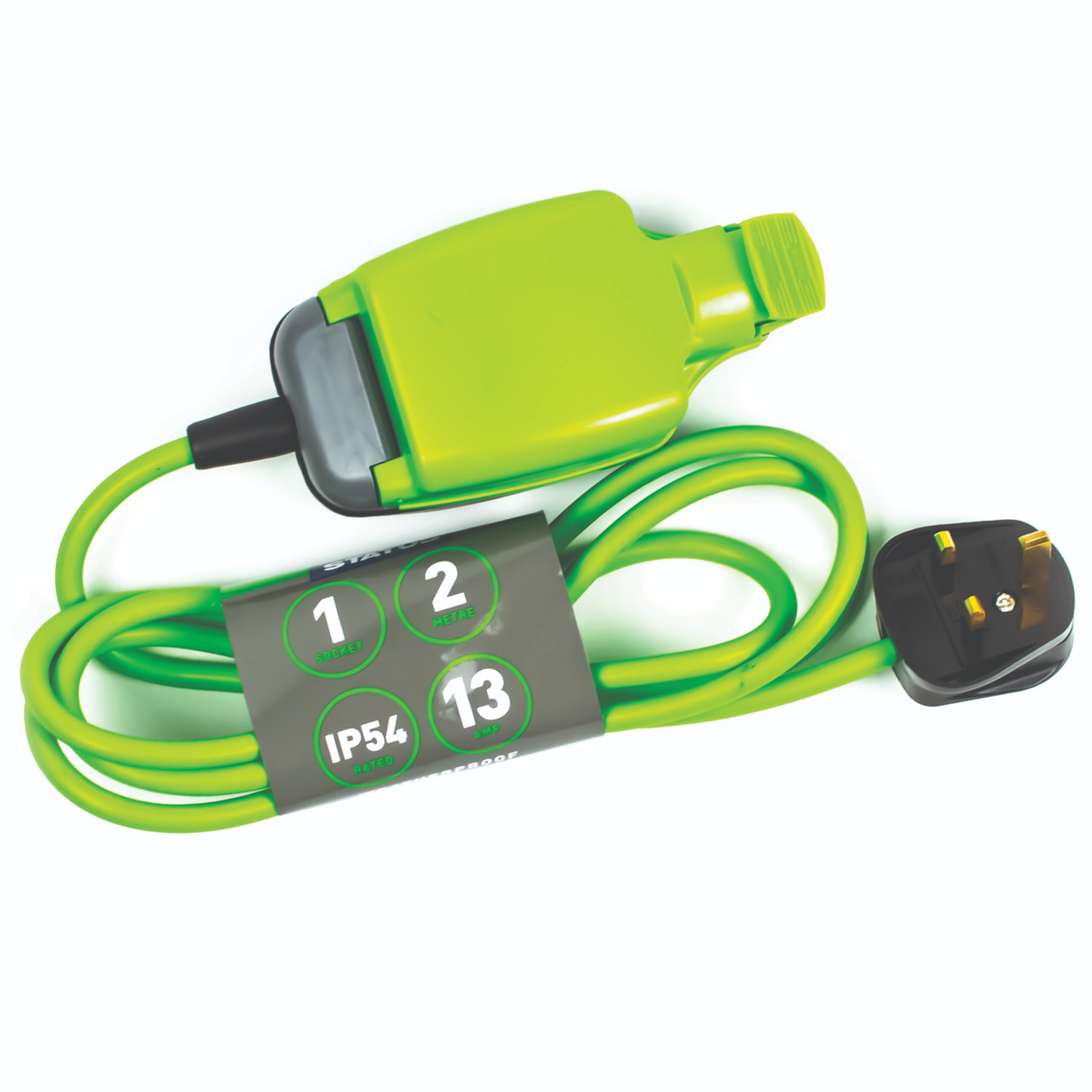 STATUS 2m Extension Lead, Single Socket, Green, Outdoor Extension Cable, Waterproof, IP54 Rated, 13 Amp Plug, Heavy Duty Socket, Ideal for Garden Power Tools, DIY Use (1W2M13AIP54S6)