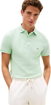 Polo à Manches Courtes pour Homme en Coton piqué Stretch et Bio Coupe ajustée, Gel chiné Menthe, Taille L