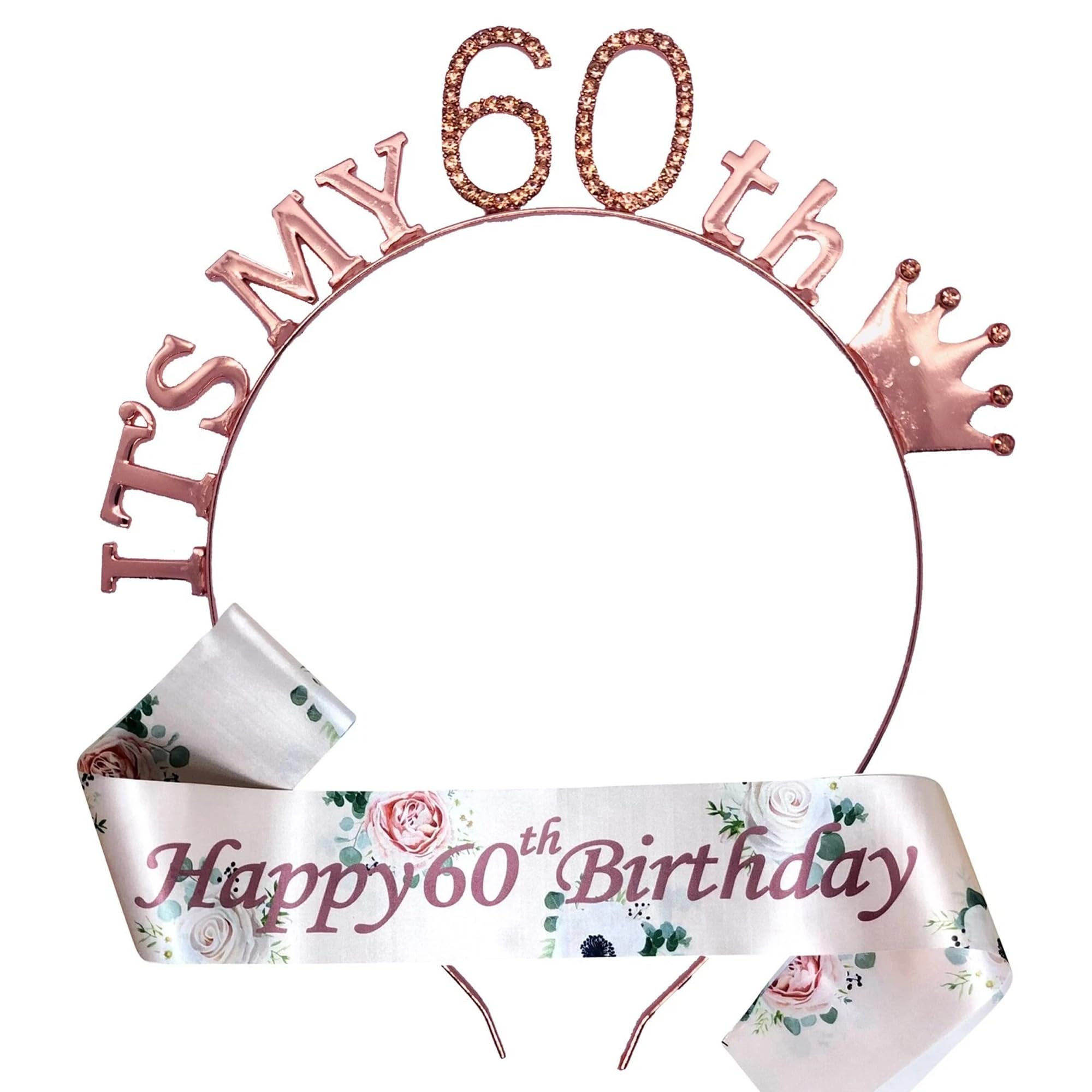 Blue Planet Fancy Dress It’s My 60th Birthday Tiara and Sash Set – Rose Gold Diamante Crown with Happy 60th Satin Sash – 60th Birthday Queen Party Accessories Gift for Women
