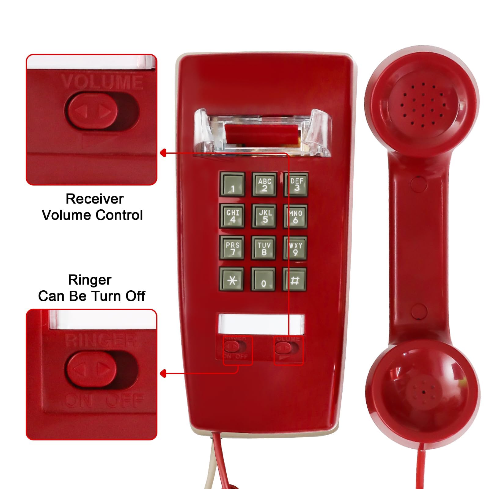 thumbnail image 2 of Retro Wall Phone For Landline - Mechanical Ringer Corded Telephone, Red 2 of 3