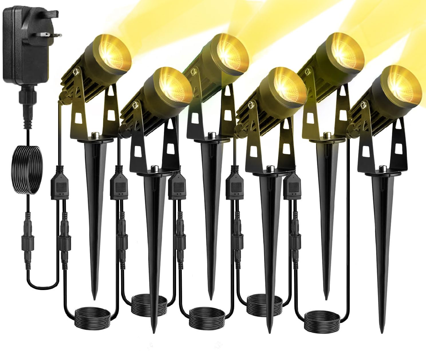30m Garden Spotlights Mains Powered Waterproof 18W 6-Packs Garden Spike Lights 12V LED Garden Spot Lights Pathway Lighting IP65 Outdoor Electric Garden Uplighter Warm White with BS Plug for Path Yard