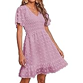 BTFBM Womens Beach Vacation Dress Summer 2026 V Neck Short Sleeve Smocked Swiss Dot Ruffle Casual Spring Mini Dresses