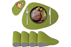 NOSTHEART Faux Leather Placemats and Coasters Set of 4, Dual-Sided Round Place Mats for Kitchen Dining Patio Table, Washable Oval Modern Table Mates, Non-Slip Heat Resistant Coffee Mates, Green Grey Placemats