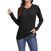 MAXTOOA Womens Long Sleeve Tunic Tops Crew Neck T Shirts with Pleated Front Loose Casual Blouse Basic Fall Clothes