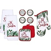 Holiday Classic Kitchen Towel Set with Pot Holders Oven Mitt and Set of 4 Refrigerator Magnets Modern Farmhouse Decor (Tis The Season)