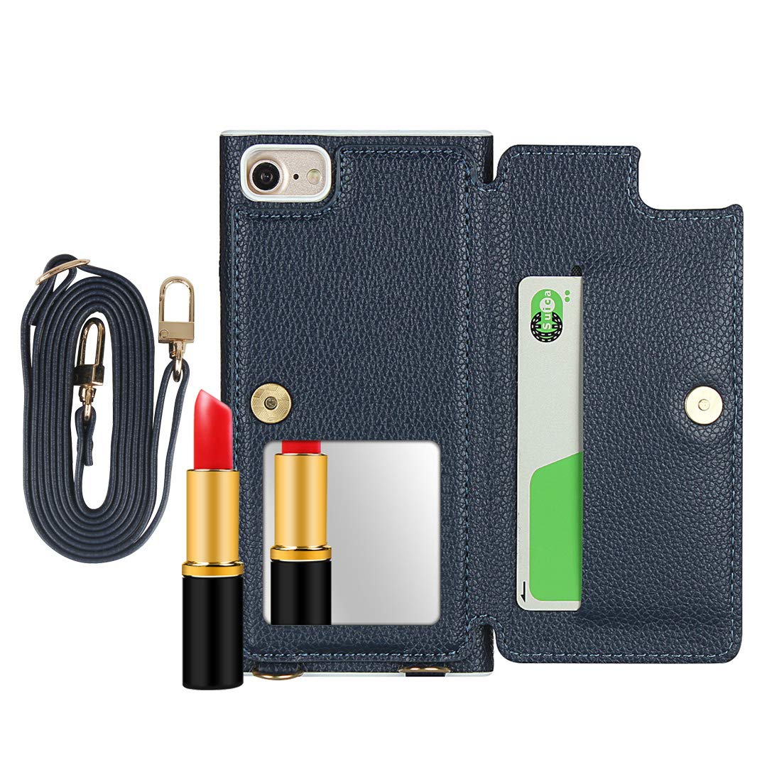 SailorTech Wallet Case for iPhone 6/7/8/SE(2020), Premium PU Leather Durable Flip Cases Cover With Mirror Lanyard Kickstand Card Slots Royal