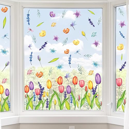 AKEROCK Spring Window Clings, Colorful Flower Static Window Stickers for Spring Decor, Decorations for Home