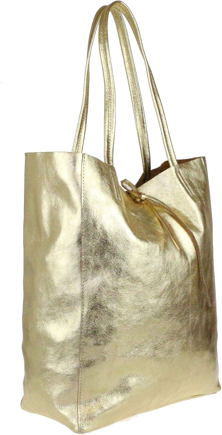Girly Handbags Womens Open Top Genuine Leather Handbag - Metallic Gold - Image 3