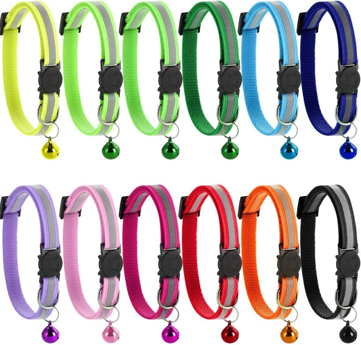 SoulQool 12 Pack Reflective Cat Collars with Bell Safety Quick Release Buckle Adjustable Pet Cat Kitten Collar (8-12")