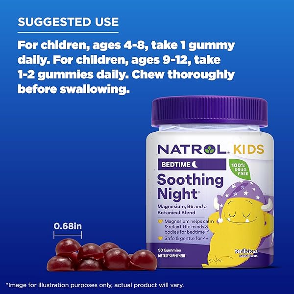 NATROL KIDS SOOTHING NIGHT MAGNESIUM CITRATE GUMMIES, HELPS CALM & RELAX LITTLE MINDS & BODIES FOR BEDTIME FOR THOSE LOW IN MAGNESIUM, PLUS VITAMIN B6 SUPPORTS BRAIN FUNCTION, 30 BERILICIOUS GUMMIES