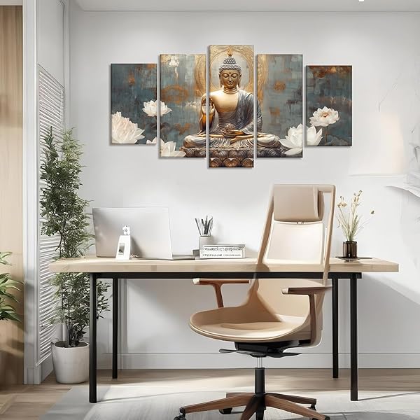 BUDDHA CANVAS WALL ART 5 PIECE ZEN WALL DECOR BUDDHISM MEDITATION PAINTING FOR SPIRITUAL ROOM LIVING ROOM HOME DECOR OFFICE FRAMED(PICTURE-1,8X14INX2 8X18INX2 8X22INX1)