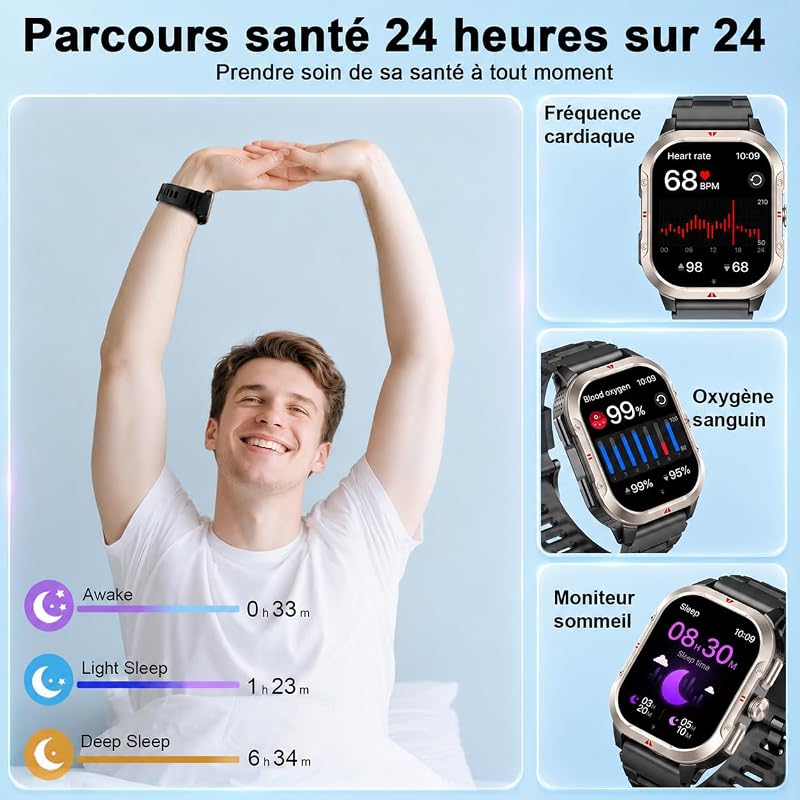 Montre Connectée Homme Militaire, Smartwatch GPS Intégré, Noir