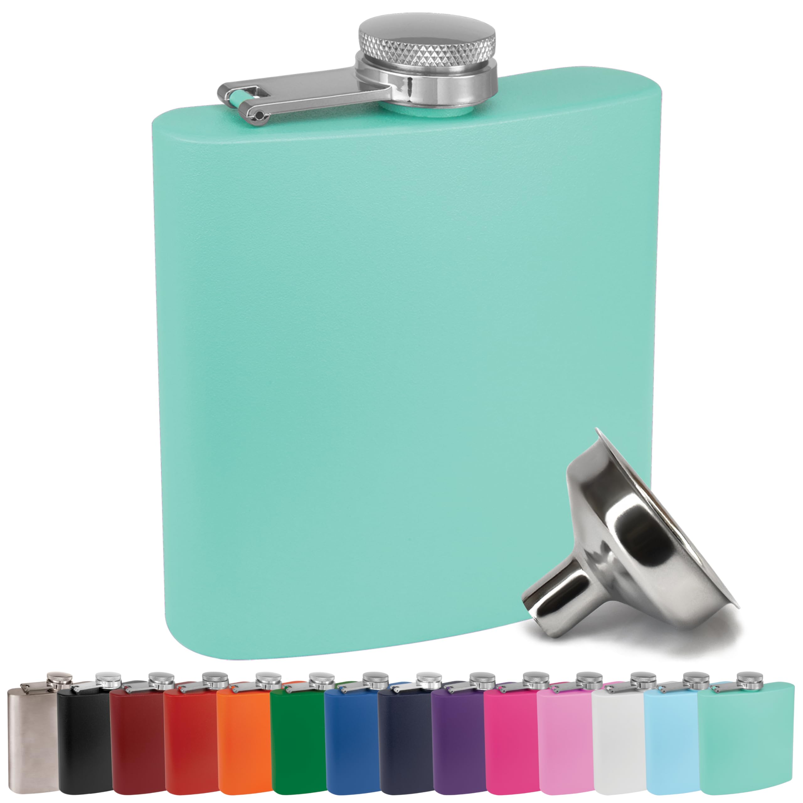 6 oz Stainless Steel Hip Flask with Funnel for Men & Women, Powder Coated Flask Gift Sets for Groomsmen, Bridesmaids, Wedding Party Whiskey Flask for Liquor, by Clear Water Home Goods, Matte Teal