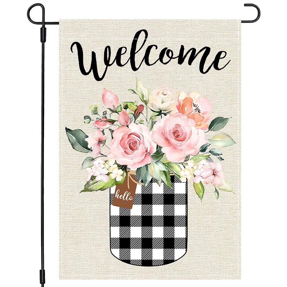 PANDICORN Spring Summer Garden Flag 12×18 Inch Double Sided, Buffalo Plaid Check Mason Jar Watercolor Floral Flower, Small Vertical Farmhouse Welcome Seasonal Garden Decor for Outside Yard Wedding