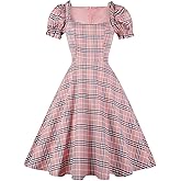 Hanpceirs Women's Puff Short Sleeve 1950s Party Dresses Square Neck Aline Dress with Pockets