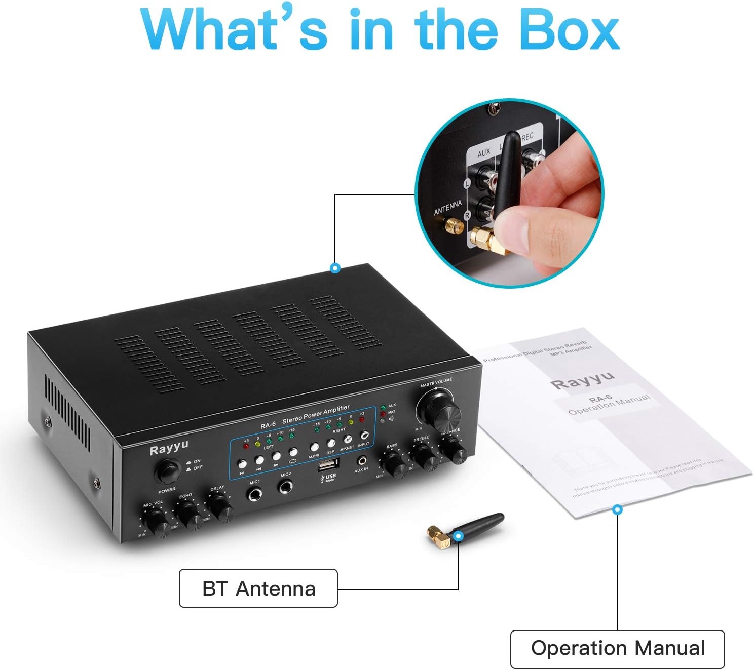 Rayyu Professional Digital Stereo Reverb MP3 Amplifier, Bluetooth Compatible Home Audio Power Amplifier，App Control，2x30W Mini Dual Channel，1/4”Microphone Input Jacks, Compact with USB/AUX RA-6: Home Audio & Theater