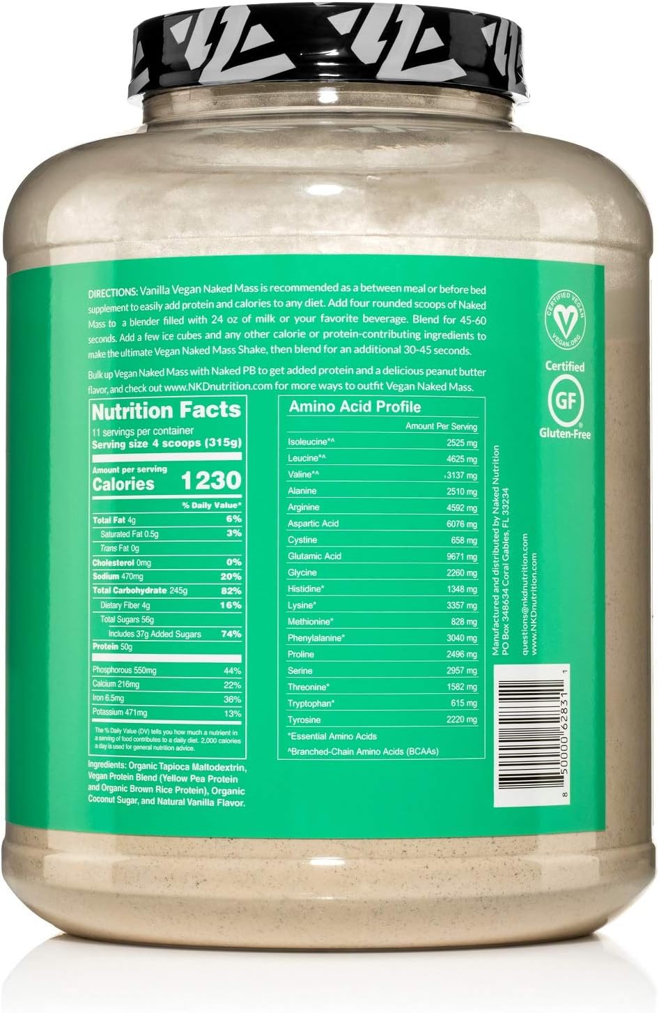 Naked Mass - Vanilla Vegan Weight Gainer - 8lb Bulk, GMO Free, Gluten Free, Soy Free & Dairy Free. No Artificial Ingredients – 1,230 Calories – 11 Servings: Health & Personal Care