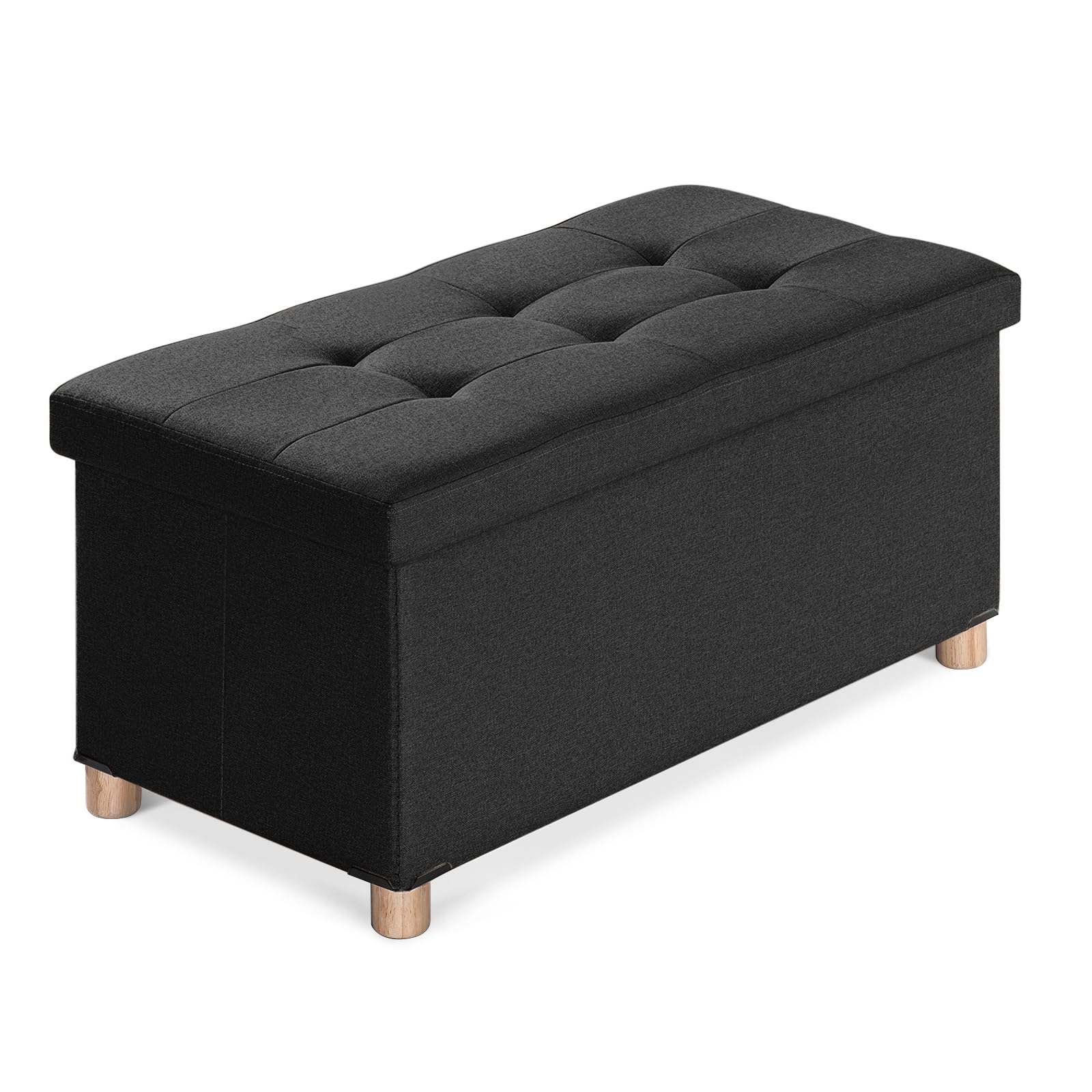 BRIAN & DANY Ottoman Storage Box with 4 Wood Legs, Linen Storage Ottoman for Living Room, Black, 76 x 38 x 38 cm