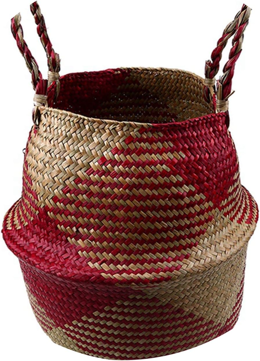 Small-Dream-Shop Foldable Handmade Storage Basket Folding Wicker Rattan Seagrass Belly Straw Garden Flower Pot Planter Laundry Basket,G,38x34 cm