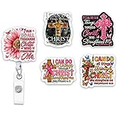 (5Pcs) Philippians 4 13 I Can Do All Things Through Christ Who Strengthens Me Holographic Christian Badge Reels, Inspirational ID Badge Holder Retractable Clip for Nurse Teacher Students Office Worker